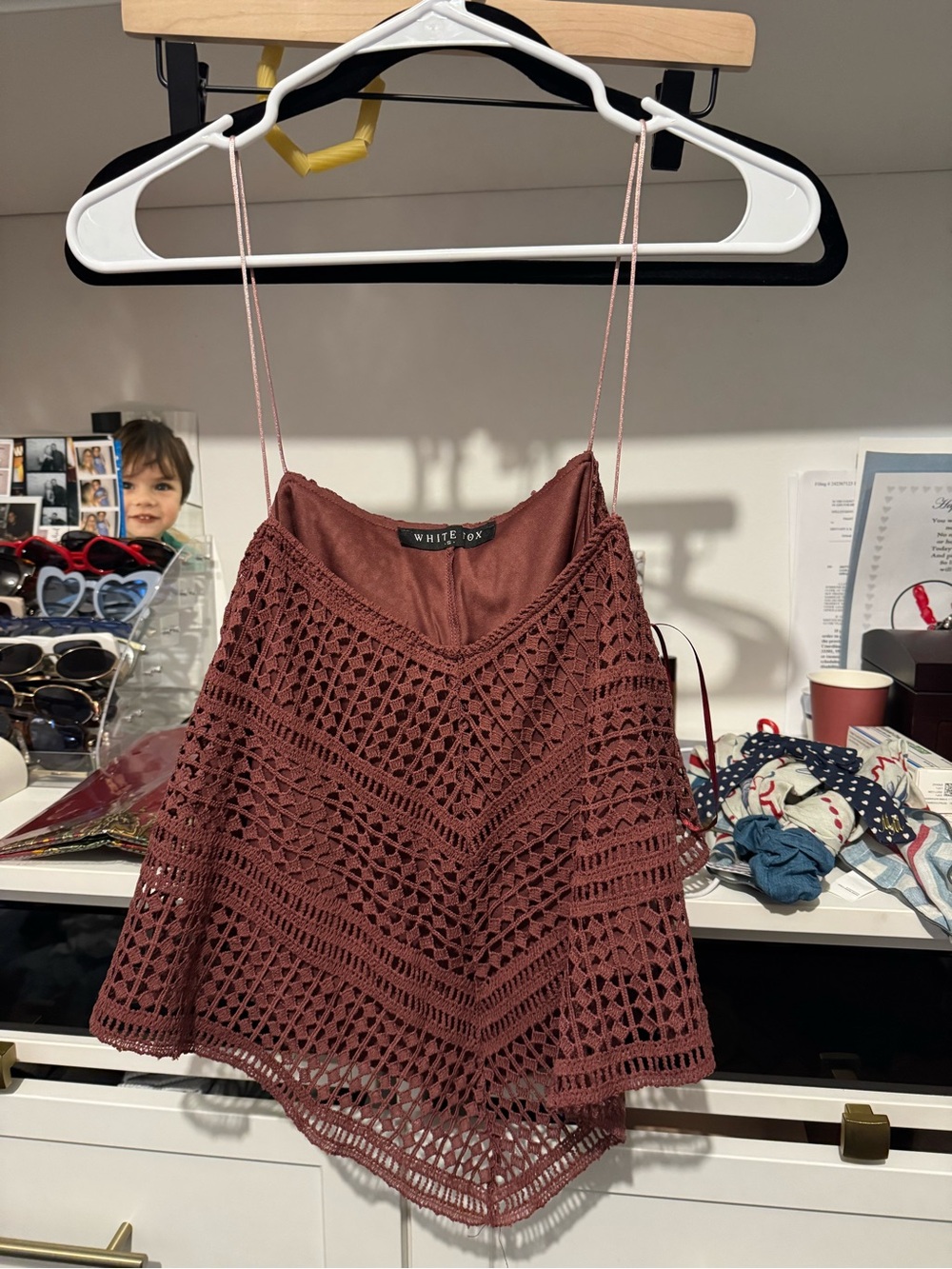 White Fox Crochet Tank Crop Top in Dusty Rose